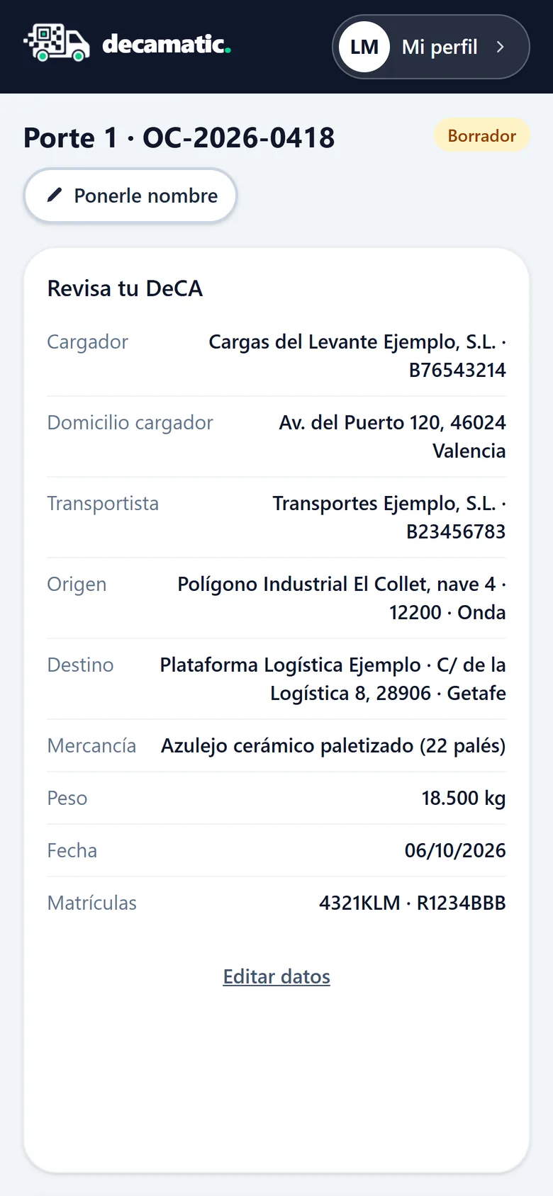 Pantalla «Revisa tu DeCA» con los datos del porte detectados en el documento.
