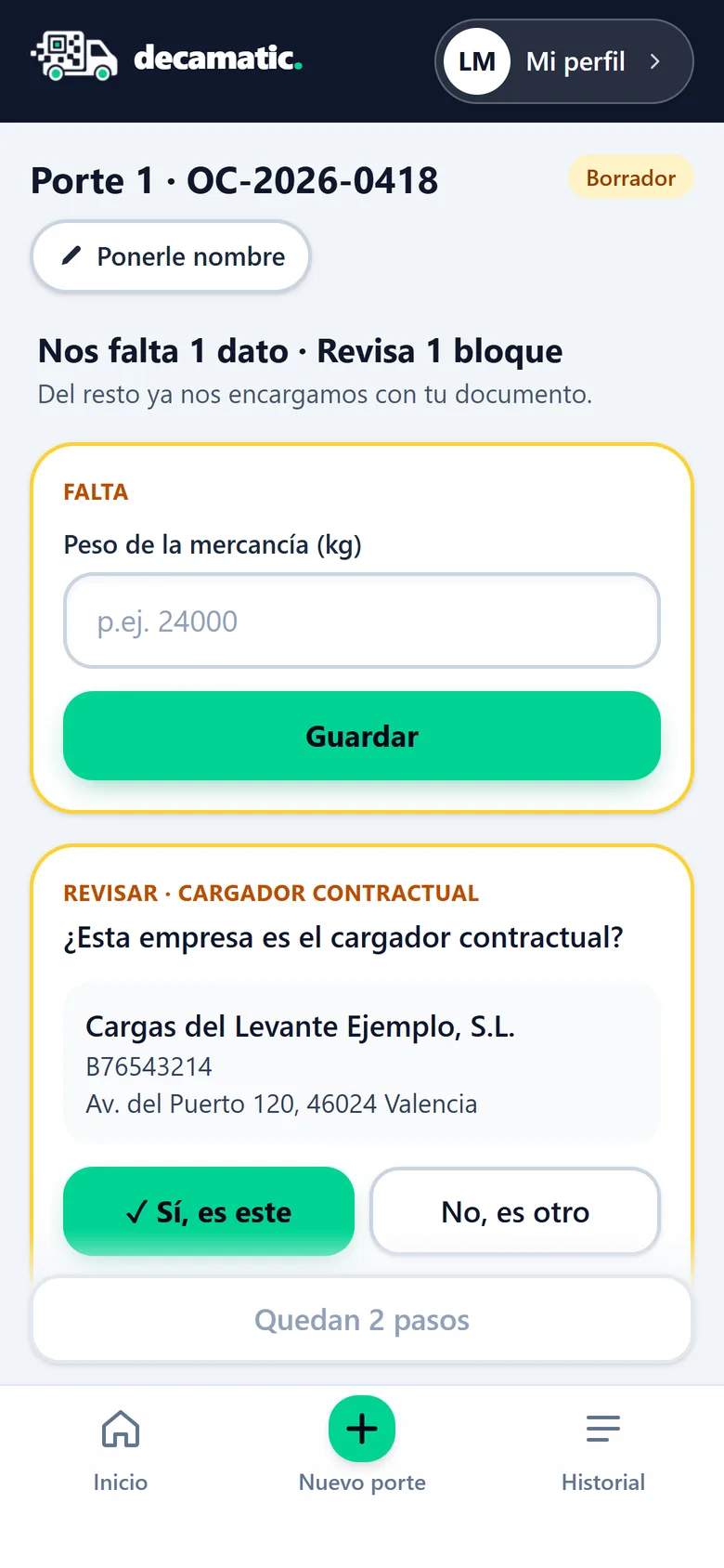 Decamatic indica «Nos falta 1 dato · Revisa 1 bloque» tras leer la orden de carga.